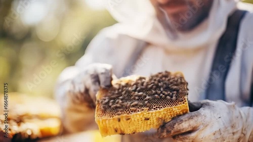 Beekeeper inspecting honeycomb outdoors.