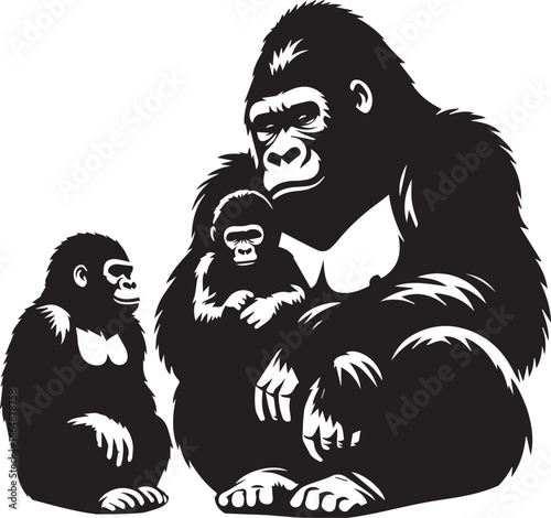 Gorilla Family Silhouette Vector – Black and White Wildlife Illustration of Parent and Baby Apes