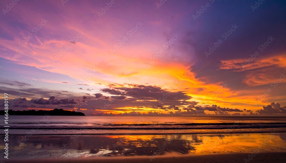 Obraz premium A vibrant sunset paints the tropical beach sky with hues of orange, purple, and pink, reflecting beautifully on the calm water.