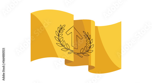 Abstract illustration featuring a golden ribbon with a central upward arrow enclosed by a laurel wreath symbolizing achievement and growth in a