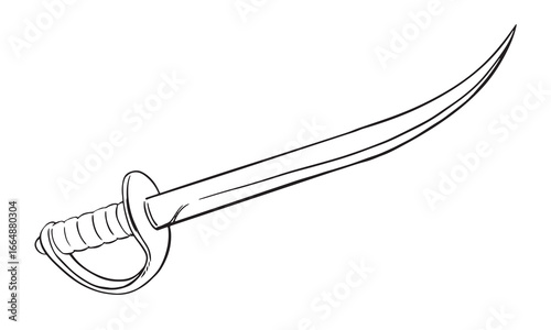 Curved arabian sword. Cold weapon. Pirate saber vector sketch. Corsair broadsword with a narrow blade. Linear drawing on a white background.
