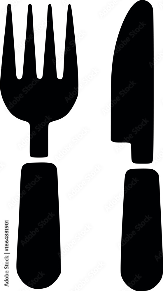 Fototapeta premium Simple black silhouette of a fork and knife, representing cutlery and dining.