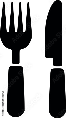 Simple black silhouette of a fork and knife, representing cutlery and dining.