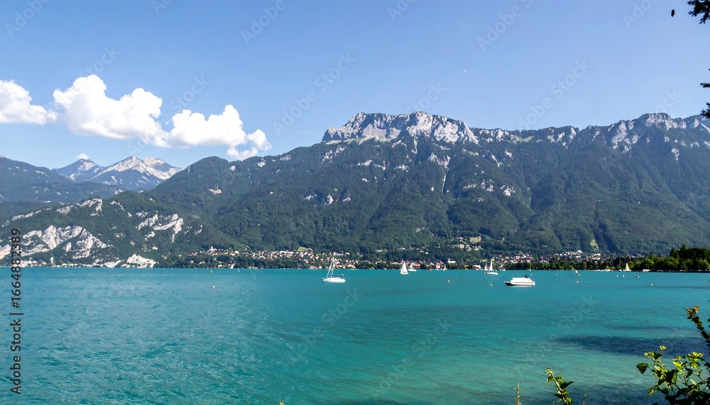 Obraz premium Picturesque alpine lake with mountains in the background, featuring a serene turquoise water and sailboats dotting the calm surface.