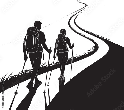 Silhouetted Hikers on a Winding Trail with Backpacks and Trekking Poles Exploring the Outdoors Adventure and Healthy Lifestyle Black and White Graphic