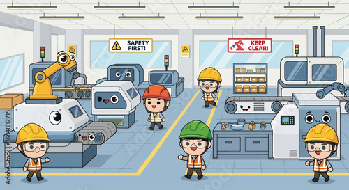 Smiling children in hard hats operate and observe automated machinery in a cheerful factory setting.