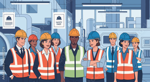 A diverse group of workers wearing hard hats and safety vests stand in a factory setting.