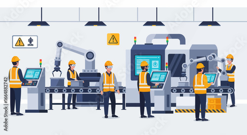 Factory workers operate automated machinery and robotic arms on a modern production line.