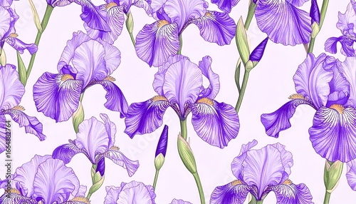 Wallpaper Mural A vibrant floral pattern showcases a multitude of detailed irises in shades of lavender and purple, arranged against a soft, light background. Torontodigital.ca