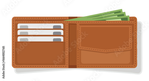 Open brown leather wallet filled with credit cards and cash showcasing financial storage and personal organization in a modern compact design