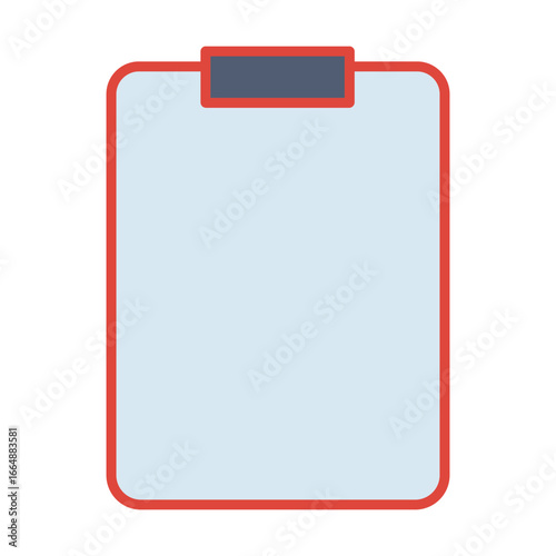 A simple flat design vector icon of a clipboard with a red border, a dark grey clip, and a blank light blue paper.