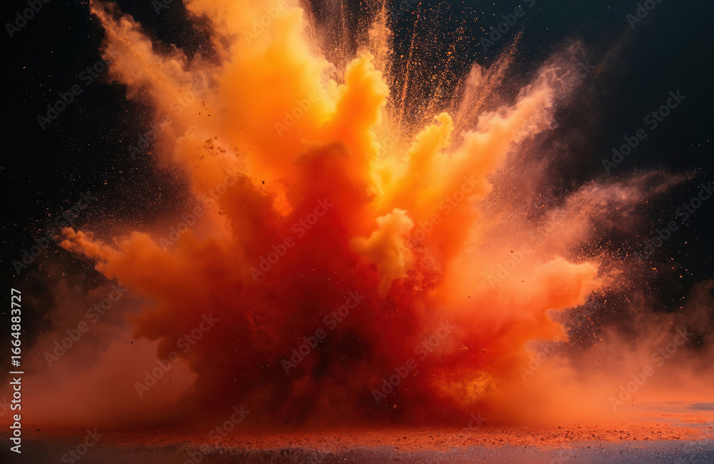 Fototapeta premium Vibrant orange and red explosion on dark gray background. Dynamic scene with shower of particles. Energetic and intense, high-coloured burst of powder. Central focus of orange and red hues.