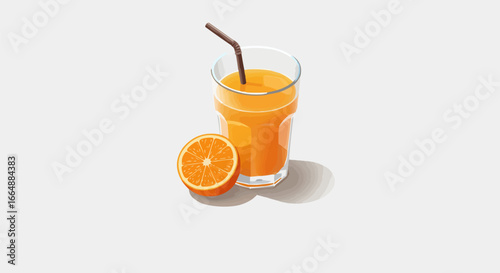 Fresh Orange Juice in a Glass with a Straw and Half Orange Illustration