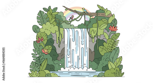 Peaceful forest waterfall scene with lush greenery and vibrant wildlife creating a tranquil natural landscape