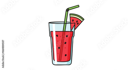 Refreshing watermelon fruit beverage with ice and a green straw in a clear glass on a white background ideal for summer drink imagery and hydration