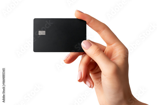 Close-up of a Hand Holding a Black Credit Card, isolated on a transparent background.

