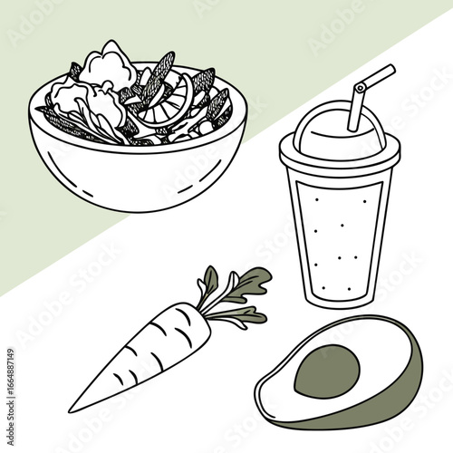 Fresh salad drink and vegetables bowl greens
