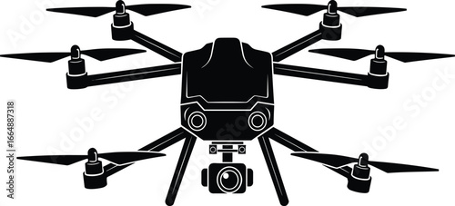 High-tech drone, six propellers, aerial photography, surveillance drone, industrial UAV, drone camera, flying device, unmanned aircraft, advanced technology, precision equipment