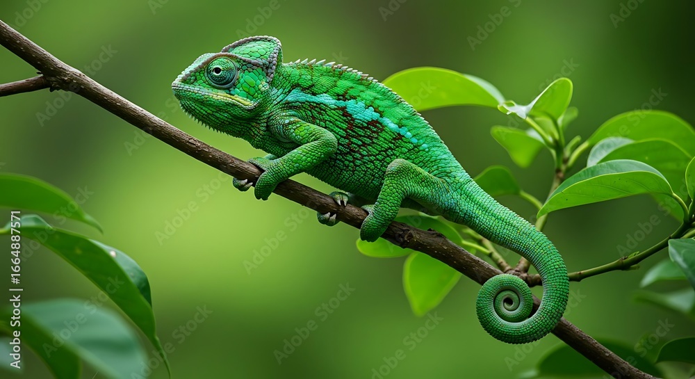 Fototapeta premium A vibrant green chameleon with intricate patterns perched on a leafy branch in a lush, blurred forest environment.