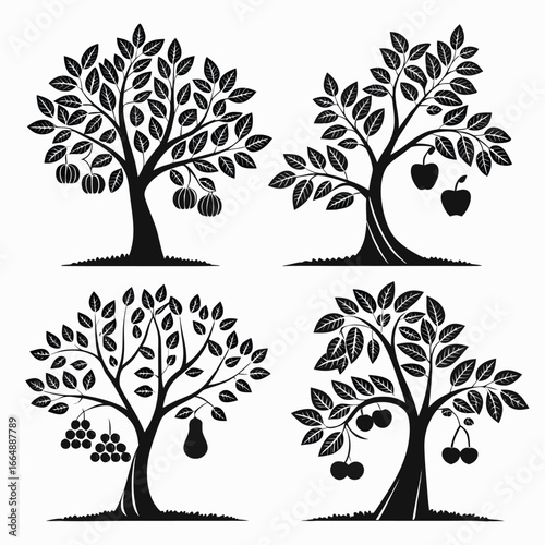 Fruit bearing trees with leaves apple pear