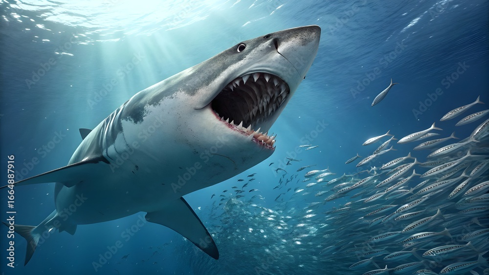 Fototapeta premium Great White Shark Underwater with Open Mouth Hunting Fish