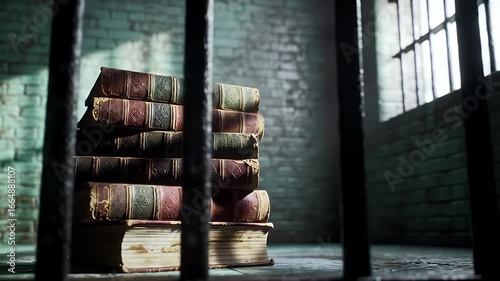 Stack of Old Books Behind Prison Bars in Dim Light Against a Brick Wall a Symbol of Imprisoned Knowledge