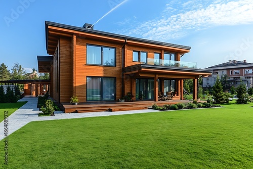 Modern TwoStory Wooden House with Deck and Beautiful Lawn on a Sunny Day