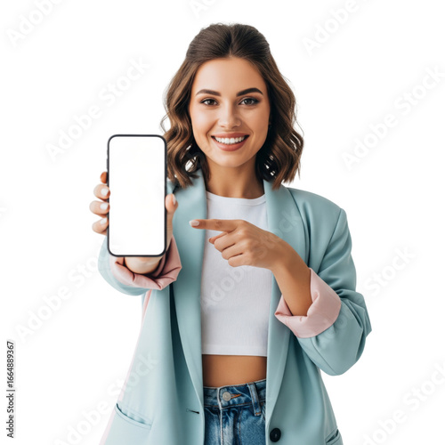 Young woman excitedly holding up phone screen and points at it, isolated on a white or transparent background