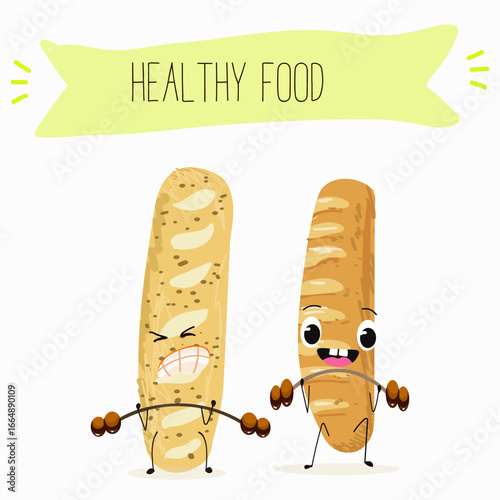 Baked food, french baguette, funny characters, hand drawn vector illustration.