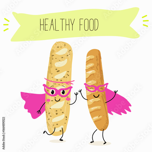 Baked food, french baguette, funny characters, hand drawn vector illustration.