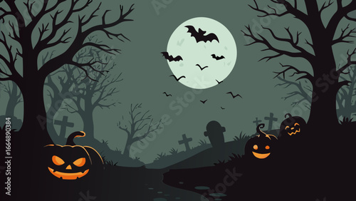 Halloween Graveyard Vector Background with Pumpkins, Full Moon, and Bats