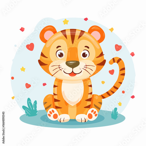 Illustration of adorable and cheerful cartoon tiger with vibrant orange stripes and a friendly, smiling face, surrounded by playful hearts and stars, radiating happiness and warmth