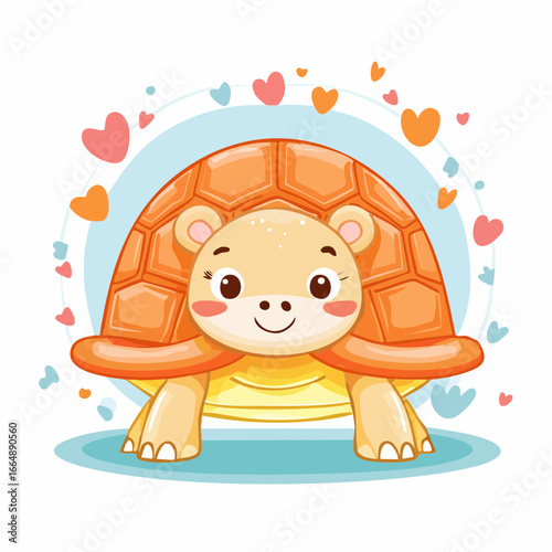 Adorable cartoon turtle with a big round shell and a happy smiling face, surrounded by love hearts. A cute and fun illustration in bright pastel colors