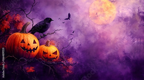 Purple Halloween background with orange yellow and orange-yellow pumpkins with black bird perched on a branch