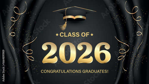 Vector illustration. Class of 2026 badge design template in black and gold colors. Congratulations graduates 2026 banner sticker card with academic hat for high school or college graduation