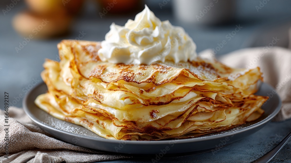 Apple crepes layered with cream on a round matte plate over a linen cloth Apple crepes layered with cream on a round matte plate over a linen cloth