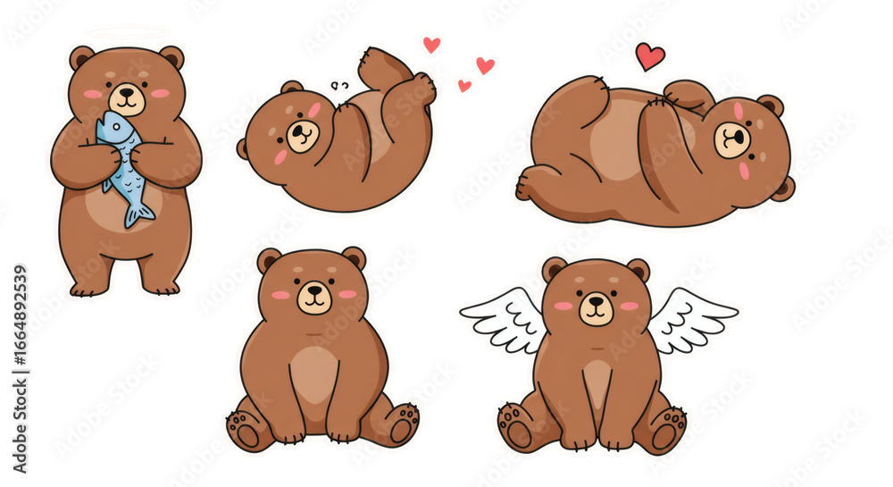 Fototapeta premium Set of cute cartoon brown bear characters in various poses and emotions