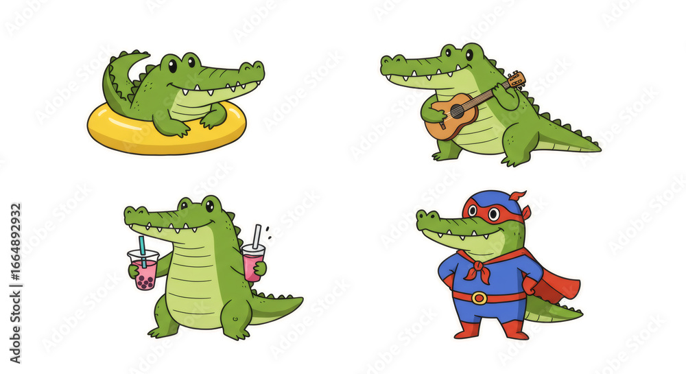 Fototapeta premium A charming collection of cute cartoon alligator mascots in various fun poses and costumes