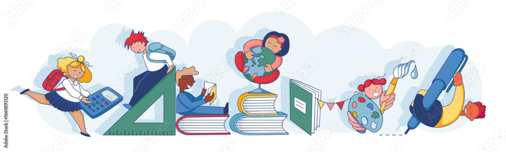 Obraz premium Back to school, college or university. Coloring page. Funny Students with calculator, ruler, book, notebook, globe, pen, paint palette and brush. Sketch vector illustration