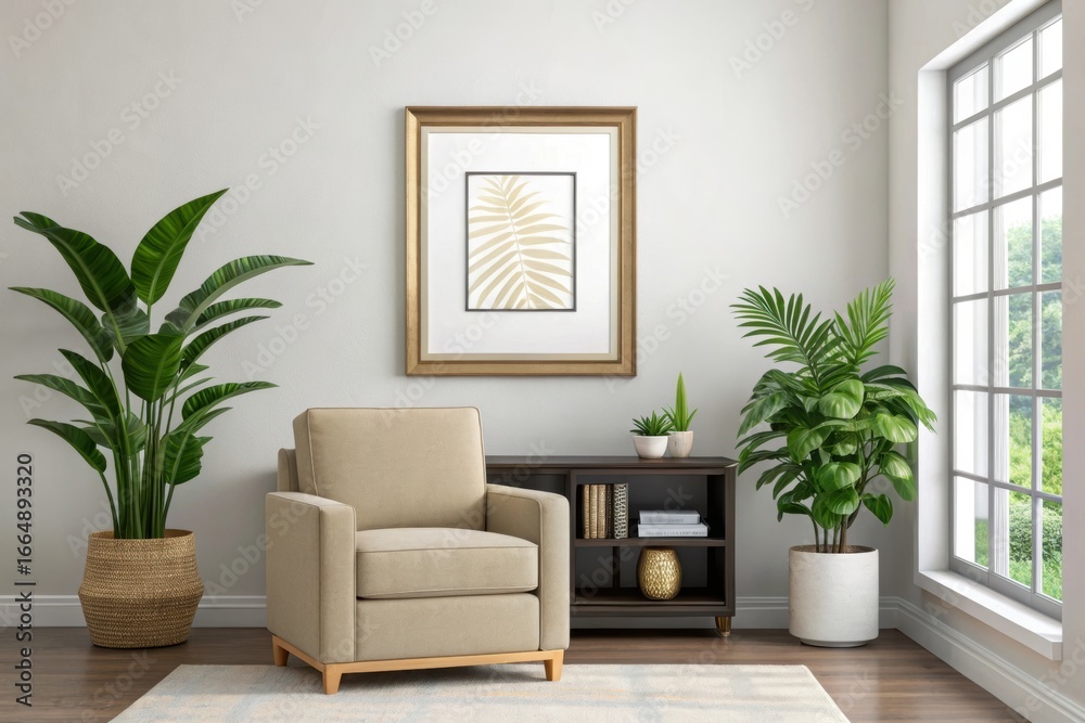 Fototapeta premium Beige armchair with plants and framed artwork in a bright living room