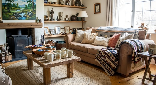Cozy and cluttered rustic living room interior of a traditional English country cottage.
