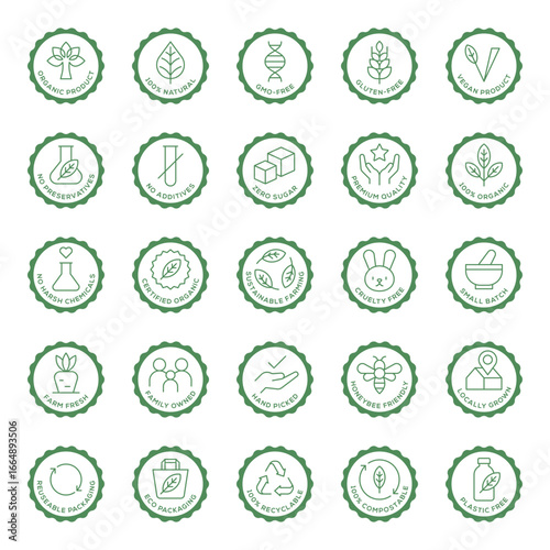 Eco Friendly Organic Certification Badges Set with Natural Vegan Recyclable and Sustainable Labels