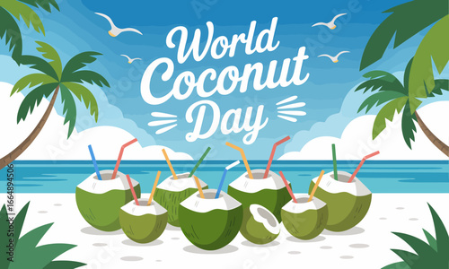World coconut day beach design with fresh coconuts lined on seaside, palm trees, birds and tropical nature vibes celebrating cultural holiday, exotic summer lifestyle and food illustration artwork