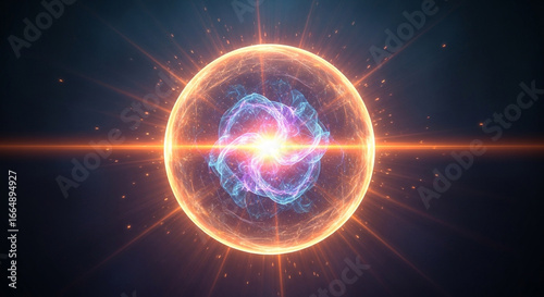 A glowing orb with a swirling center and radiating light against a dark blue background