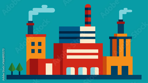 Minimal flat illustration of an industrial factory with smoking chimneys, colorful buildings and trees on teal background