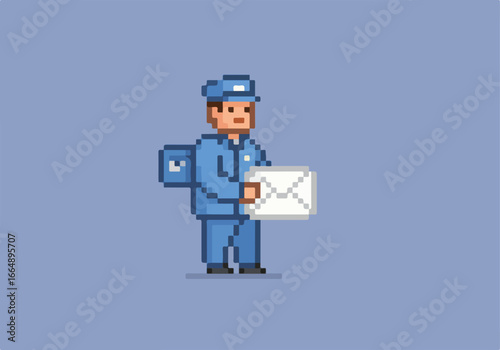 Pixelated mailman delivers letter on solid color. Possible use Game design