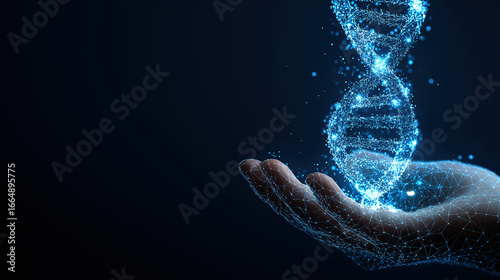 Abstract DNA Helix in Digital Hand on Blue Background – Futuristic Low Poly Wireframe Medical Science Concept, Genetic Research, Biotechnology, Healthcare Innovation Illustration