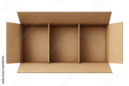 Open cardboard box with three interior dividers