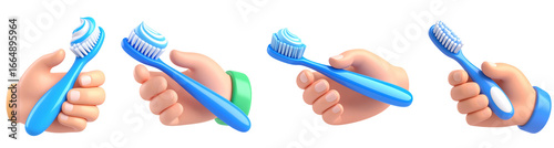 Hand holding blue toothbrush with toothpaste clean dental care concept isolated on transparency background 3D illustration healthy hygiene morning routine freshness cartoon style