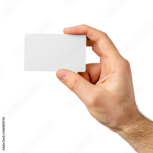 Hand holding a blank white card